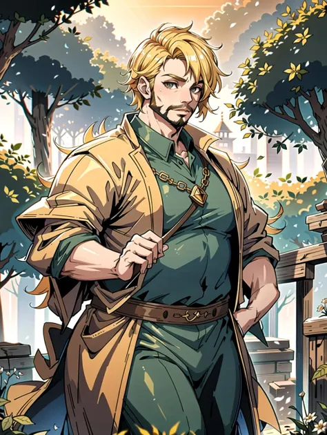 ((masterpiece), best quality, high quality, professional quality, highly detailed, highres, perfect lighting, natural lighting), (1boy, overweight, handsome, facial hair, short hair, blonde hair), wearing wizard robes, fighting, outdoors