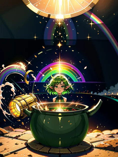 ((masterpiece), best quality, high quality, professional quality, highly detailed, highres, perfect lighting, natural lighting), leprechaun, hopping, on rainbow, holding pot of gold