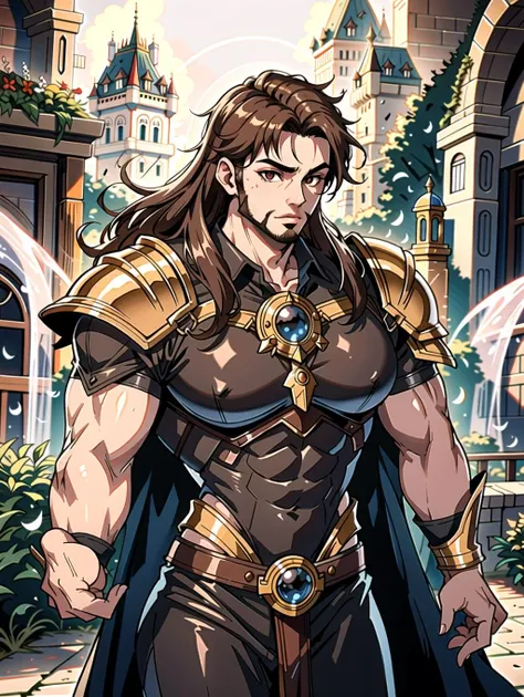 ((masterpiece), best quality, high quality, professional quality, highly detailed, highres, perfect lighting, natural lighting), (1boy, muscular, handsome, no facial hair, long hair, brown hair), wearing armor, casting a spell, in a castle