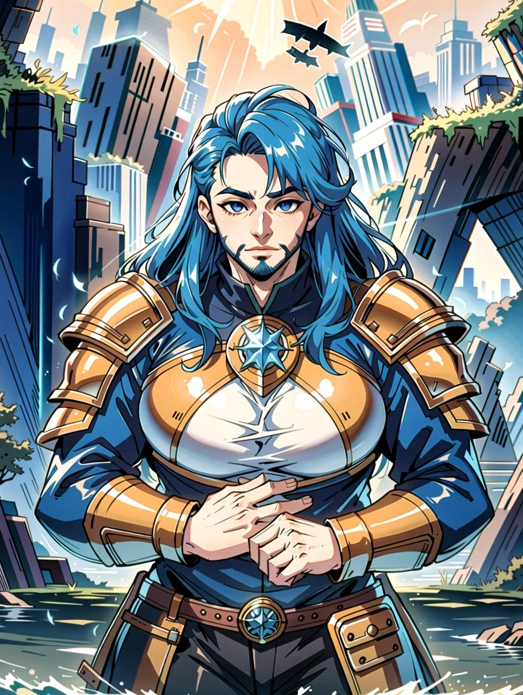 ((masterpiece), best quality, high quality, professional quality, highly detailed, highres, perfect lighting, natural lighting), (1boy, overweight, handsome, no facial hair, long hair, blue hair), wearing armor, casting a spell, by a lake