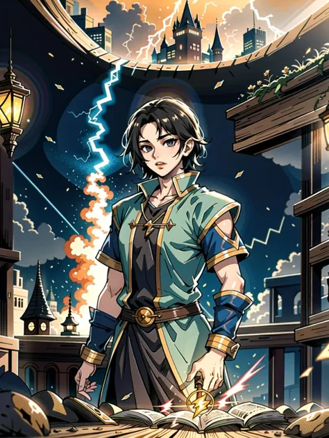 ((masterpiece), best quality, high quality, professional quality, highly detailed, highres, perfect lighting, natural lighting), young wizard, wearing ragged clothing, casting a lightning spell, inside fantasy city