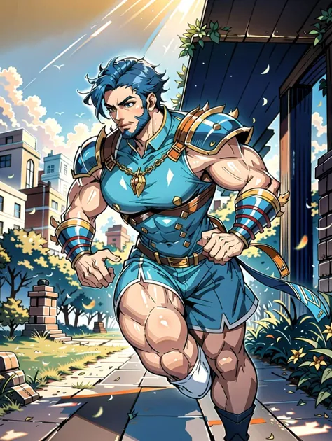 ((masterpiece), best quality, high quality, professional quality, highly detailed, highres, perfect lighting, natural lighting), (1boy, muscular, handsome, long beard, short hair, blue hair), wearing armor, running, outdoors