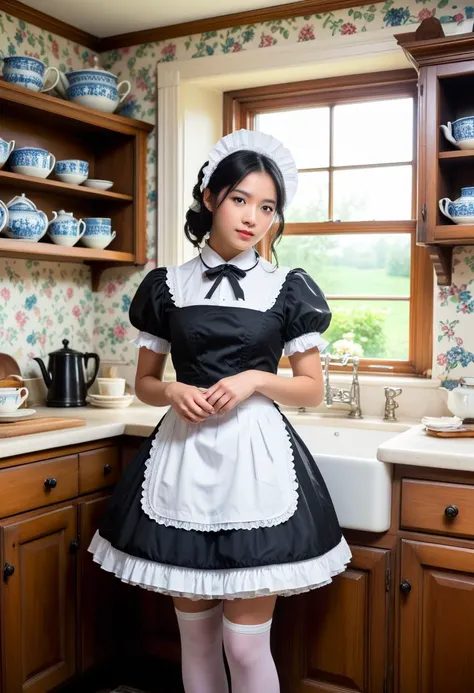 score_9, score_8_up, score_7_up,  1girl (medium full shot) of (attractive young woman:1.1) maid chinese with straight black hair, dark eyes, fair skin, petite, wearing a short black and white (victorian maid dress:1.2), frilly, large white apron, ribbons, bows, (stockings:1.1), maid bonnet, leaning forward, standing splits,  infatuated,heart tail, in  Cozy English Cottage, in a quaint English countryside cottage, characterized by floral wallpaper, a farmhouse sink, open wooden shelves displaying vintage tea sets, a cast iron stove, a worn wooden table with Windsor chairs, and a window seat overlooking a blooming garden, at night, Masterpiece,best quality, photorealistic, amazing quality, very aesthetic, extremely detailed face