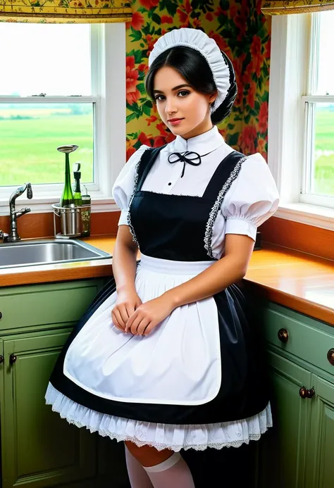 score_9, score_8_up, score_7_up,  1girl a (lovely young woman:1.1) arabian maid with black doughnut hair bun, green eyes, olive skin, curvy, wearing a simple, dark-colored (maid dress1.2) with a white, often ornate, apron and a headscarf, (stockings:1.1), maid bonnet,  Countryside Charm, in a quaint countryside farmhouse, the kitchen exudes warmth with floral wallpaper, hardwood floors, a farmhouse sink beneath a window overlooking rolling hills, vintage-inspired appliances, a cozy breakfast nook with a floral tablecloth, and a collection of mason jars filled with homemade preserves, blushing, sweating profusely, horny, sloppy, shameful, narrow waist, wide hips, body bridge , sitting on person, Masterpiece,best quality, photorealistic, amazing quality, very aesthetic, extremely detailed,