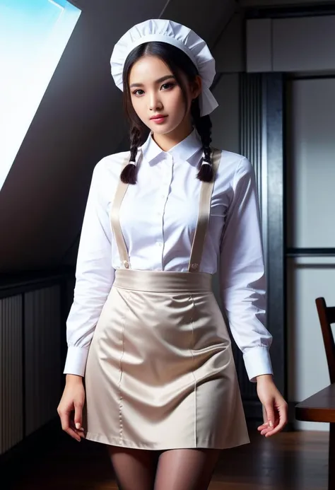 score_9, score_8_up, score_7_up, 1girl a (gorgeous young girl:1.1) thai maid with dark, straight hair, brown eyes, light brown skin, petite, wearing a dark-colored dress, often long-sleeved and full-length, combined with a white apron, and occasionally a small cap or headscarf, (stockings:1.1), maid embroided cap, in an attic, sleek and minimalist space filled with state-of-the-art technology and sleek futuristic design, Holographic displays project images into the air, while sleek chrome furniture and LED lighting create an otherworldly ambiance, A virtual reality simulator offers immersive experiences, allowing visitors to explore distant galaxies without ever leaving the comfort of the attic, blushing, sweating profusely, horny, sloppy, shameful, narrow waist, wide hips, dojikko pose , standing, Masterpiece,best quality, photorealistic, amazing quality, very aesthetic, extremely detailed,