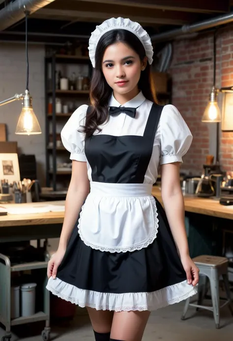 score_9, score_8_up, score_7_up,  1girl (medium full shot) of (bonnie young woman:1.1) maid mexican with dark hair, brown eyes, medium skin tone, medium build, wearing a short black (maid dress:1.2) with white lace trim, a full white apron, (stockings:1.1), maid headscarf, contrapposto, top-down bottom-up,  extroverted,heart tail duo, in  in an attic which retains its industrial charm with exposed brick walls, steel beams, and concrete floors, Vintage factory lights illuminate the space, casting a warm glow over salvaged furniture and repurposed industrial fixtures, A vintage drafting table serves as a workspace, surrounded by shelves of vintage tools and machinery parts, Masterpiece,best quality, photorealistic, amazing quality, very aesthetic, extremely detailed face