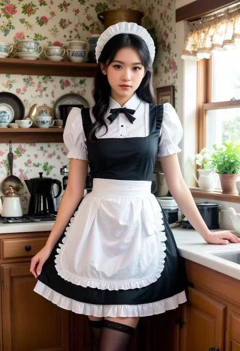 score_9, score_8_up, score_7_up,  1girl (medium full shot) of (attractive young woman:1.1) maid chinese with straight black hair, dark eyes, fair skin, petite, wearing a short black and white (victorian maid dress:1.2), frilly, large white apron, ribbons, bows, (stockings:1.1), maid bonnet, leaning forward, standing splits,  infatuated,heart tail, in  Cozy English Cottage, in a quaint English countryside cottage, characterized by floral wallpaper, a farmhouse sink, open wooden shelves displaying vintage tea sets, a cast iron stove, a worn wooden table with Windsor chairs, and a window seat overlooking a blooming garden, at night, Masterpiece,best quality, photorealistic, amazing quality, very aesthetic, extremely detailed face