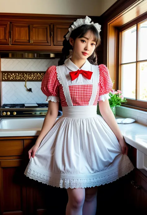 score_9, score_8_up, score_7_up,  1girl (medium full shot) of (lovely young woman:1.1) maid japanese with black hair styled in twin-tails, dark brown eyes, pale skin, petite, wearing a red gingham-printed dress with a full skirt, puffed sleeves, white apron, (stockings:1.1), maid bow headband, hugging own legs, one arm behind her head,  ecstatic,shrugging, in  Victorian Era Charm, in a charming Victorian-era home, boasting intricate woodwork, stained glass windows, a vintage range oven, a farmhouse sink with brass fixtures, a porcelain clawfoot bathtub, and a cozy breakfast nook with a floral-upholstered bench, Masterpiece,best quality, photorealistic, amazing quality, very aesthetic, extremely detailed face