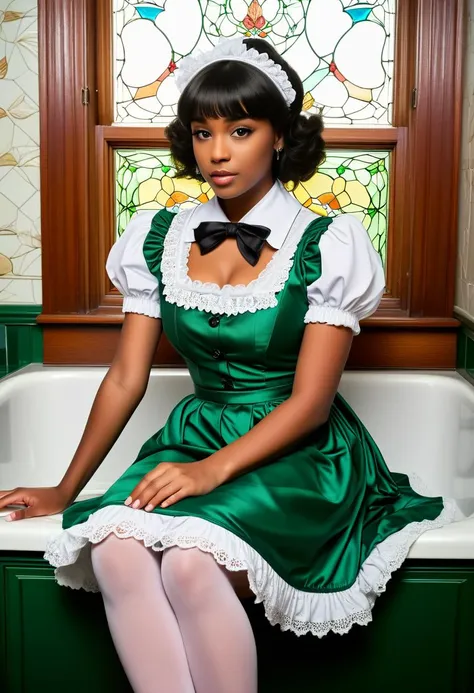 score_9, score_8_up, score_7_up,  1girl (medium full shot) of (esthetic young woman:1.1) maid black american with fringe hair, dark eyes, dark skin, curvy, wearing a simple green (maid dress:1.2) with short sleeves, a below-knee hem, white apron, (stockings:1.1), maid bow headband, lying on back, muscle pose,  jubilant, stroking own chin, in  Victorian Era Charm, in a charming Victorian-era home, boasting intricate woodwork, stained glass windows, a vintage range oven, a farmhouse sink with brass fixtures, a porcelain clawfoot bathtub, and a cozy breakfast nook with a floral-upholstered bench, at sunset, Masterpiece,best quality, photorealistic, amazing quality, very aesthetic, extremely detailed face