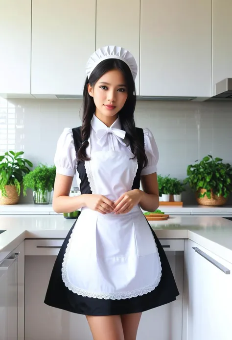 score_9, score_8_up, score_7_up,  1girl a (esthetic young girl:1.1) thai maid with dark, straight hair, brown eyes, light brown skin, petite, wearing a simple, dark-colored (maid dress1.2) with a white, often ornate, apron and a headscarf, (stockings:1.1), maid bow headband,   Urban Oasis, in a trendy downtown apartment, the kitchen showcases sleek modern design with glossy white cabinets, quartz countertops, subway tile backsplash, a geometric pendant light fixture, minimalist bar stools at a waterfall edge island, and a wall-mounted herb garden for fresh culinary inspiration, blushing, sweating profusely, horny, sloppy, shameful, narrow waist, wide hips, bunny pose , balancing, Masterpiece,best quality, photorealistic, amazing quality, very aesthetic, extremely detailed,