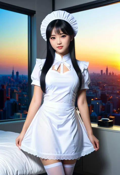 score_9, score_8_up, score_7_up,  1girl (medium full shot) of (gorgeous young woman:1.1) maid chinese with straight black hair, dark eyes, fair skin, petite, wearing a straightforward white (maid uniform:1.2), one-piece dress, white apron, (stockings:1.1), maid bonnet, feminine pose, hands up pose,  infuriated,paw pose, in  A futuristic bedroom in a sleek urban loft, featuring minimalist white furniture, LED accent lighting, floor-to-ceiling windows offering a panoramic city view, a built-in sound system, and a high-tech sleep pod with adjustable settings for optimal comfort, at sunset, Masterpiece,best quality, photorealistic, amazing quality, very aesthetic, extremely detailed face