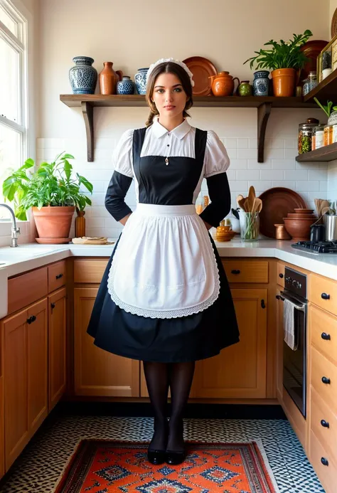 score_9, score_8_up, score_7_up,  1girl a (attractive young girl:1.1) italian maid with brown hair, green eyes, olive skin, curvy, wearing a dark-colored (maid dress1.2) with a full skirt, long sleeves, a white apron, and potentially a headscarf, (stockings:1.1), maid cloth cap,   Eclectic Bohemian, in an artist's loft, the kitchen is a vibrant mix of colors and patterns with mosaic tile floors, mismatched vintage furniture, hanging plants in macrame planters, a gallery wall of eclectic artwork, a Moroccan-inspired rug, and a collection of handmade ceramics displayed on open shelving, blushing, sweating profusely, horny, sloppy, shameful, narrow waist, wide hips, archer pose , straddling, Masterpiece,best quality, photorealistic, amazing quality, very aesthetic, extremely detailed,