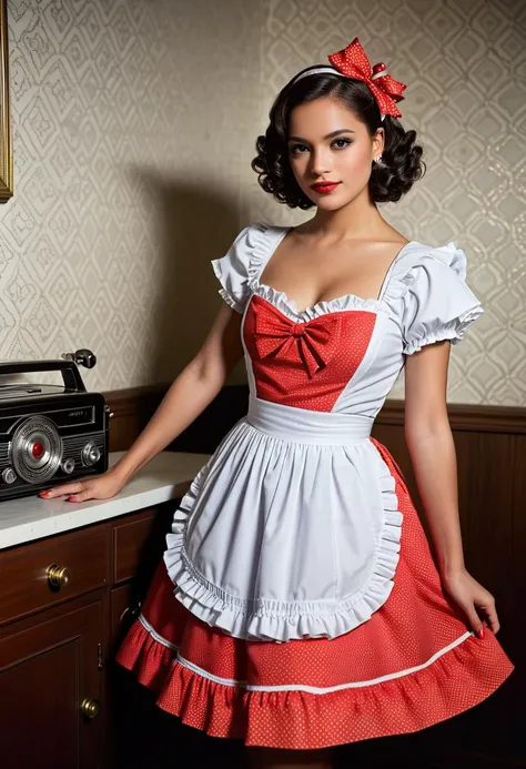 score_9, score_8_up, score_7_up,  1girl (supermodel young woman:1.1) maid mexican with dark hair, brown eyes, medium skin tone, medium build,  wearing a red and white polka dot dress with a sweetheart neckline, full skirt, white ruffled petticoat, and red stiletto heels ,maid hair ribbon, white apron, in an attic from the 1920s, Art Deco apartment, adorned with geometric patterns, sleek chrome fixtures, and plush velvet furnishings in bold colors, A vintage radio emits the smooth tunes of jazz, while a collection of avant-garde paintings adorns the walls, transporting visitors to the glamorous era of flappers and speakeasies , Masterpiece,best quality, photorealistic, amazing quality, very aesthetic, extremely detailed face,