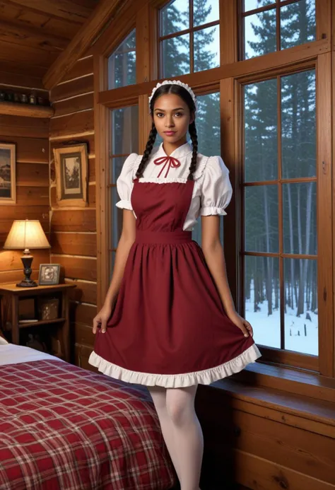 ((fashion photography)), perfect face, perfect eyes, (medium full shot) of  (angelic maid) young woman, indian, brown eyes, darker skin tone, ebony skin, hazel eyes, voluptuous, long dark single braid hair,  wearing a simple dark red (maid dress:1.2), white apron, (stockings:1.1), maid head kerchief, platform heels,  A cozy cabin bedroom nestled in a forested mountain retreat, with knotty pine walls, a stone fireplace crackling softly, plaid flannel bedding, antique wooden skis mounted on the wall, and a window seat overlooking a tranquil pine forest , at night, surprised, open mouth, running toward the viewer, masterpiece, best quality, photorealistic, very aesthetic