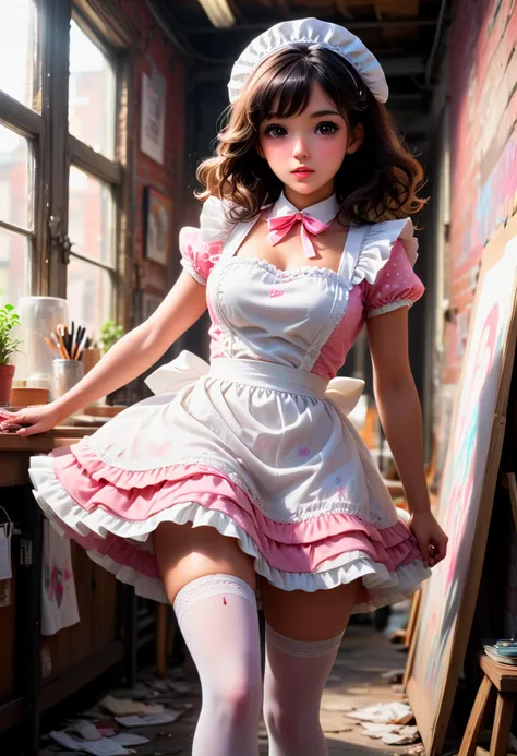 (medium full shot) of (angelic young woman:1.1) maid spanish with wavy black hair, dark brown eyes, tan skin, slender,             wearing a pink and white polka dot dress with a sweetheart neckline, full skirt, white ruffled petticoat, white apron, (stockings:1.1), maid cloth cap, platform heels, surprised, open mouth, running toward the viewer,  . Artistic Haven, Located in an artist's loft, serving as both living space and creative sanctuary, featuring exposed brick walls covered in abstract murals and graffiti art, a makeshift studio area with easels and canvases, vintage art supplies scattered around, and an eclectic mix of vintage and modern furniture pieces arranged in a way that feels effortlessly cool and inspiring , at sunset, ,Masterpiece,best quality, photorealistic, amazing quality, very aesthetic, extremely detailed face,