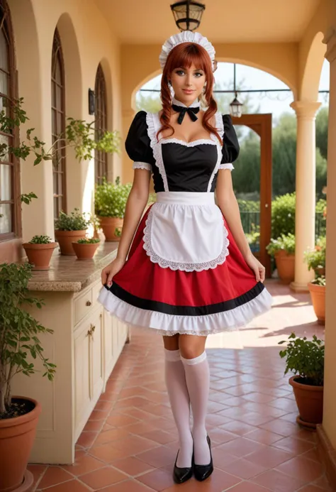 ((fashion photography)), perfect face, perfect eyes, (medium full shot) of  (vivacious maid) young woman, canadian, tan skin, light brown eyes, busty, long red side-swept bangs hair,  wearing a short black (maid dress:1.2) with white lace trim, a full white apron, (stockings:1.1), maid bow headband, stiletto heels,  Mediterranean Villa, in a sun-drenched Mediterranean villa, the kitchen radiates Mediterranean style with terra cotta tile floors, hand-painted ceramic tiles, wrought iron light fixtures, a central island with a mosaic tile top, potted herbs lining the windowsills, and a vine-covered pergola outside the French doors , laughing, squatting, masterpiece, best quality, photorealistic, very aesthetic