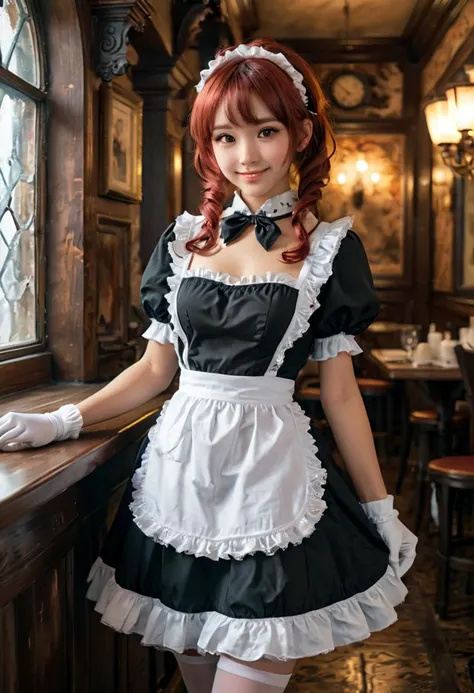 (medium full shot) of beautiful smiling (angelic maid) young woman, japanese, tan skin, brown eyes, Medium build, medium red bob hair,  wearing a short black (maid dress:1.2) with white lace trim, a full white apron, (stockings:1.1), maid hair ribbon, platform heels,  A haunted mansion-themed maid cafe, set within a spooky old mansion rumored to be haunted by restless spirits, Dark corridors, creaking floorboards, and flickering candlelight set the eerie atmosphere, while waitresses dressed as ghosts and ghouls serve spine-chilling treats and potions  ,  ,Masterpiece,best quality, photo, realistic, very aesthetic, detailed face,