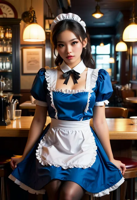 (medium full shot) of (desirable young woman:1.1) maid philippine with long dark hair tied in a bun, brown eyes, tan skin, medium build,             wearing a simple dark blue (maid dress:1.2), white apron, (stockings:1.1), maid bow headband, platform heels, surprised, open mouth, pointing her finger at the viewer,  . A film noir-themed maid cafe, located within a dimly lit detective's office complete with vintage typewriters, leather armchairs, and noir-inspired decor Patrons sit at tables surrounded by mysterious shadows, while waitresses dressed as femme fatales serve classic noir-inspired cocktails and cuisine  , at night, ,Masterpiece,best quality, photorealistic, amazing quality, very aesthetic, extremely detailed face,