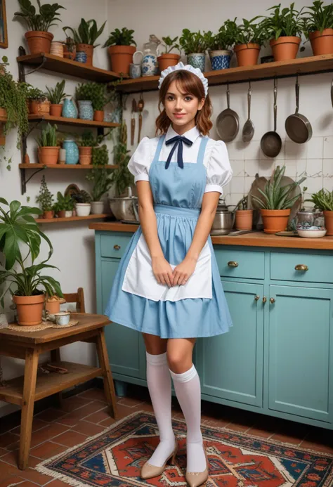 ((fashion photography)), perfect face, perfect eyes, (medium full shot) of  (esthetic maid) young woman, mexican, brown eyes, medium skin tone, tan skin, olive green eyes, tiny, medium ginger hime cut hair,  wearing a simple, light blue (uniform:1.2) consisting of a blouse and skirt, white apron, (stockings:1.1), maid cloth cap, Mary Jane heels,  Eclectic Bohemian, in an artist's loft, the kitchen is a vibrant mix of colors and patterns with mosaic tile floors, mismatched vintage furniture, hanging plants in macrame planters, a gallery wall of eclectic artwork, a Moroccan-inspired rug, and a collection of handmade ceramics displayed on open shelving , at night, laughing, jumping in the air, masterpiece, best quality, photorealistic, very aesthetic