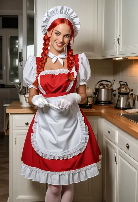 (medium full shot) of (elegant maid) young woman, voluptuous build, extra long red double braids hair, spanish, tan skin, light green eyes,  wearing maid bonnet, red sleek maid dress with white frills, apron with lace trim, silk stockings, high-heeled shoes with bows, light eyeshadow, white gloves, set in  a minimalist kitchen, with simple cabinetry, neutral tones, uncluttered space, elegant feel , at night, woman smiling, detailed face, ,Masterpiece,best quality, raw photo, realistic, very aesthetic