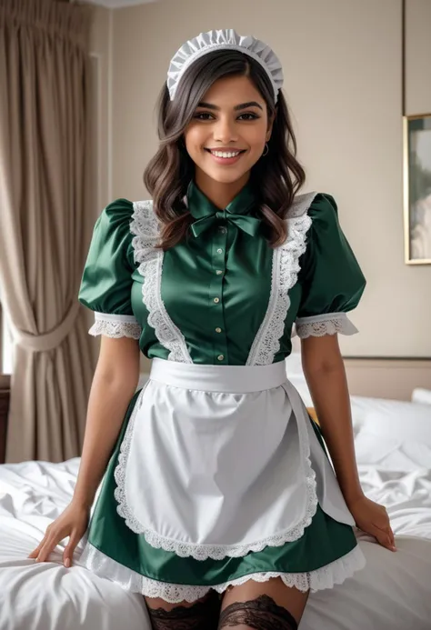 (medium full shot) of (elegant maid) young woman, busty build, long dark bob cut hair, indian, caramel skin, brown eyes,  wearing maid bow headband, green silk blouse , mini skirt with lace trim, apron with lace trim, patterned thigh-high stockings, simple pumps, glossy lipgloss, carrying a cleaning cloth, set in  a modern bedroom with minimalist decor, featuring a king-sized bed and large windows with sheer curtains , woman smiling, detailed face, ,Masterpiece,best quality, raw photo, realistic, very aesthetic