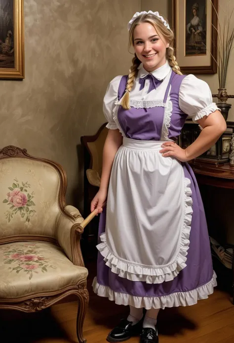 (medium full shot) of (esthetic maid) young woman, full-figured build, long blonde dutch braid hair, spanish, tan skin, olive green eyes,  wearing maid head kerchief, lavender sleek maid dress with white frills, apron with lace trim, fishnet stockings, loafers with simple design, subtle eyeliner, carrying a feather duster, set in  a vintage living room, with antique furniture, warm lighting, classic decor, rich textures , at night, woman smiling, detailed face, ,Masterpiece,best quality, raw photo, realistic, very aesthetic