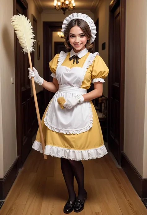 (medium full shot) of (sweet maid) young woman, busty build, medium hazel straight down hair, brazilian, tan skin, brown eyes,  wearing maid headscarf, yellow victorian maid dress with lace trim, apron with lace trim, black stockings, loafers with simple design, light eyeshadow, carrying a feather duster, set in  __cof-location/place/luxury-hotel , woman smiling, detailed face, ,Masterpiece,best quality, photo, realistic, very aesthetic