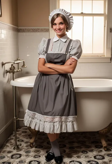 (medium full shot) of (supermodel maid) young woman, Average build, short hazel pigtails hair, persian, tan skin, light brown eyes, wearing maid headscarf, gray short-sleeve blouse with lace trim, ruffled skirt, apron with lace trim, silk stockings, oxfords with simple design, light eyeshadow, carrying a feather duster, set in a vintage bathroom with a clawfoot tub, patterned tiles, antique fixtures , at sunset, woman smiling, detailed face, ,Masterpiece,best quality, raw photo, realistic, very aesthetic