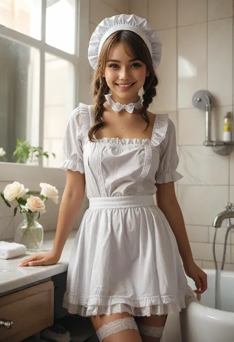 (medium full shot) of (alluring maid) young woman, normal build, medium hazel bob cut hair, brazilian, tan skin, olive green eyes,  wearing maid frilly cap, white flowy maid top , pleated skirt, apron with lace trim, patterned thigh-high stockings, simple pumps, subtle eyeliner, lace gloves, set in  a chic bathroom with a glass-enclosed shower, marble accents, fluffy towels , woman smiling, detailed face, ,Masterpiece,best quality, photo, realistic, very aesthetic