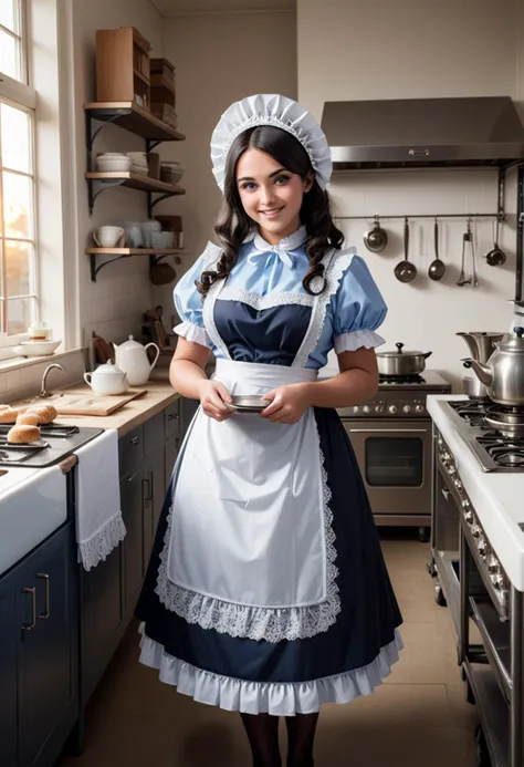 (medium full shot) of (gorgeous maid) young woman, full-figured build, long dark hime cut hair, british, tan skin, light Blue eyes,  wearing maid bonnet, blue victorian maid dress with lace trim, apron with lace trim, black stockings, simple pumps, subtle eyeliner, carrying a silver tray with tea service, set in  School Kitchen, educational space with multiple stations for students, large demonstration counter, ovens, sinks, shelves with baking supplies and equipment , at sunset, woman smiling, detailed face, ,Masterpiece,best quality, photo, realistic, very aesthetic