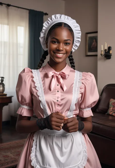 (medium full shot) of (lovely maid) young woman, willowy build, extra long dark dutch braid hair, african, dark skin, light brown eyes,  wearing maid headscarf, pastel pink silk blouse , a-line skirt, apron with lace trim, black stockings, oxfords with simple design, subtle eyeliner, lace gloves, set in  a sophisticated living room with dark wood furniture, ambient lighting, modern art , woman smiling, detailed face, ,Masterpiece,best quality, raw photo, realistic, very aesthetic