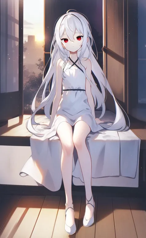 8k wallpaper, an extremely delicate and beautiful girl, ((masterpiece)), expressionless, best quality, illustration, (cute: 0.7), beautiful detailed eyes, beautiful detailed sky, sun shine, cinematic lighting, long gradient white hair, long hair, red eyes, 1 girl, 2 eyes, halter dress, (full body: 0.4), clear
,hiqcgbody,atdan,masterpiece, best quality