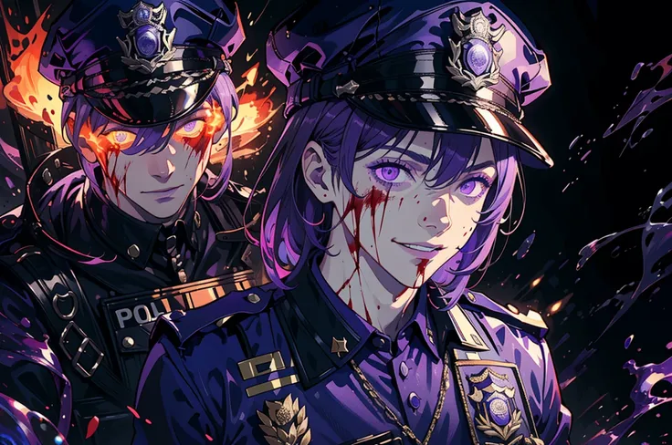 The_Man_Behind_The_Slaughter, Purple Outfit, police officer, hat, british, close up, upper body, burning smile, purple flames, bloody eyes, extreme emotion, dark lighting, caustics, masterpiece, absurdres, highly detailed,