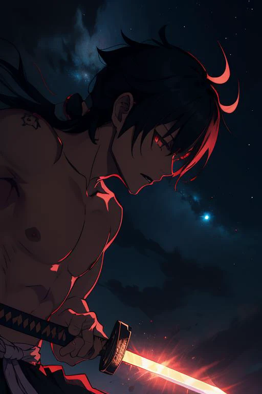 Yone(Azakana), masterpiece, absurdres, high quality, highres, night, night sky, close-up, Demon mask, half-Demon, Samurai, Japanese Soldier, no armour, topless male, katana, holding sword, fighting stance,<lora:Yone_v1-12:0.7>
