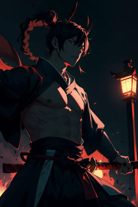 Yone(Azakana), masterpiece, absurdres, high quality, highres, night, night sky, close-up, Demon mask, half-Demon, Samurai, Japanese Soldier, no armour, topless male, katana, holding sword, fighting stance,<lora:Yone_v1-12:0.7>