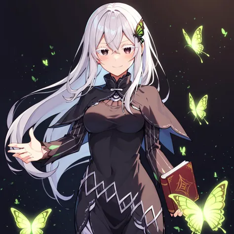 score_9, score_8_up, score_7_up, score_6_up,source_anime, BREAK,  ekhidona, MainFit, silver embroidery, 1girl, hair between eyes, smile, bug, looking at viewer, holding, closed mouth, black eyes, book, blush, standing,  butterfly in background, floating white hair, black dress, butterfly ornament, black capelet, long sleeves, colored eyelashes, medium breasts, glowing butterfly, black background,  <lora:Echidna_rezero:1>