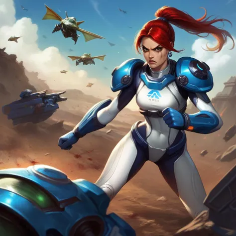 score_9, score_8_up, an (((angry))) nova, starcraft, makeup, slim, white high-tech bodysuit, earrings, red ponytail hair,  flat chest, malicious, ((bloody gunfight on the battlefield with marine squad)), in focus, photorealistic, masterpiece