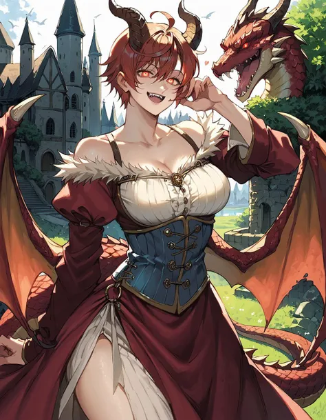 score_9, score_8_up, score_7_up, score_6_up, source_anime, masterpiece, detailed, refined, 1girl, mature female, medieval fantasy, ,detailed background, (medieval castle), medieval dress, croset, red hair, spiky hair, red reptile glowing eyes, short cut, dragon ears, dragon tail, dragon horns, dragon wings, fangs, smile, scales on face, takekawamasumi style