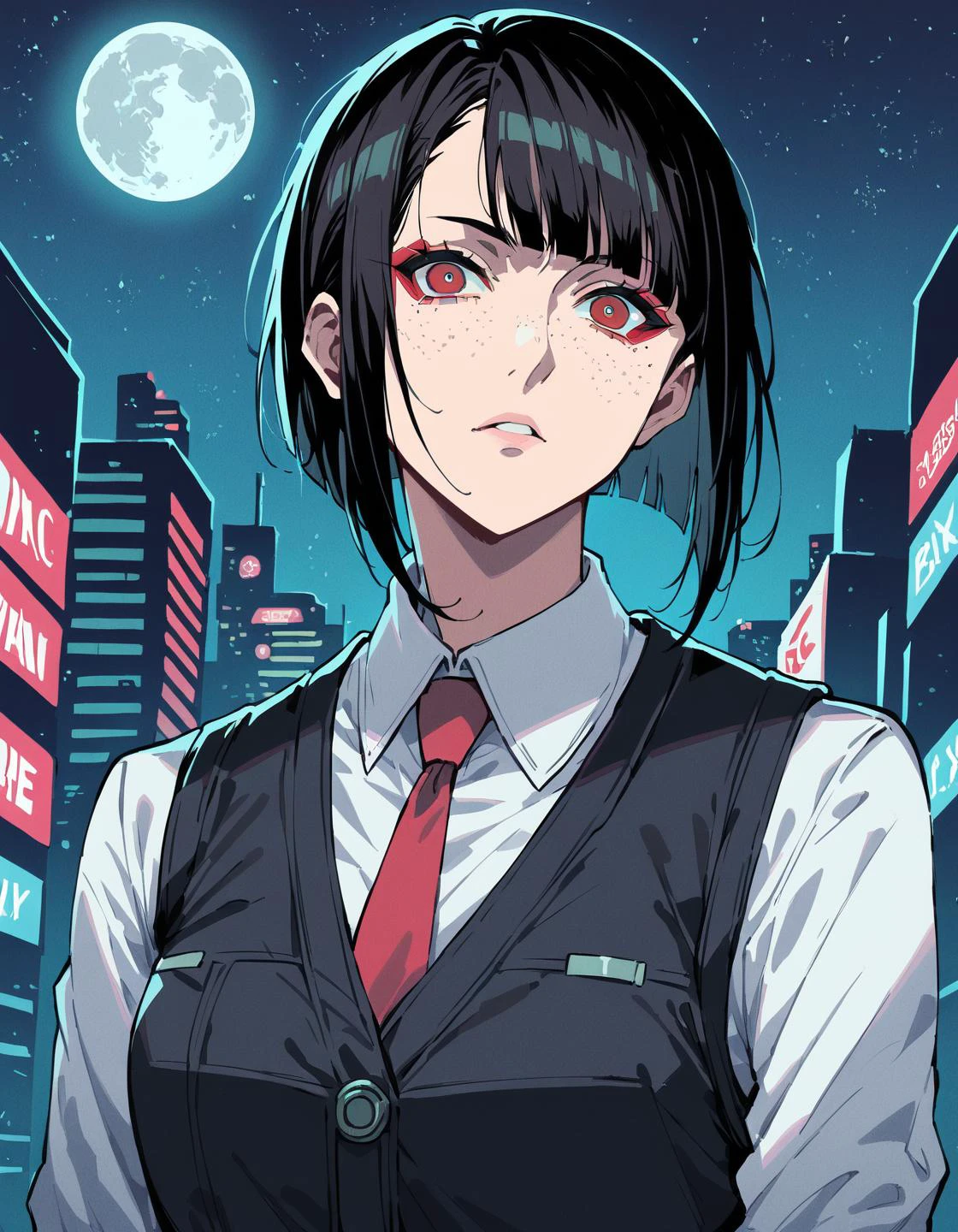 score_9, score_8_up, score_7_up, score_6_up, source_anime, masterpiece, detailed, refined, 1girl, freckles, eyeshadow, cyberpunk, detailed background, (cyberpunk city), night sky, skyskcrapers, moon, red eyes, black hair, bob cut, hair cover one eye, dynamic angle, black vest, white shirt, necktie, takekawamasumi style, (upper-body shot)