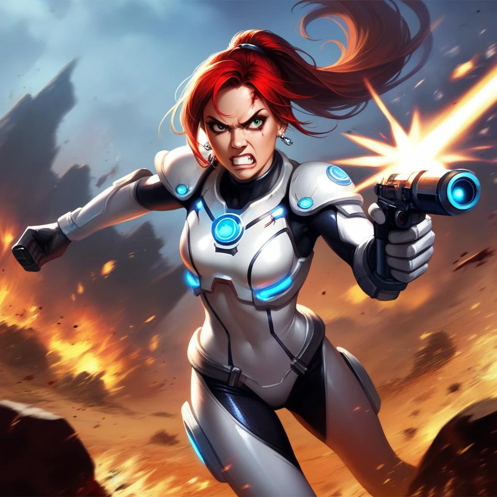 score_9, score_8_up, an (((angry))) nova, starcraft, makeup, slim, white high-tech bodysuit, earrings, red ponytail hair, flat chest, malicious, ((bloody gunfight on the battlefield, multiple explosions, tanks)), in focus, photorealistic, masterpiece