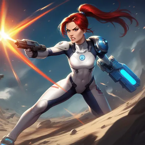 score_9, score_8_up, an angry nova, starcraft, makeup, slim, white high-tech bodysuit, earrings, red ponytail hair,  flat chest, malicious, ((gunfight on the battlefield with marine squad)), in focus, photorealistic, masterpiece