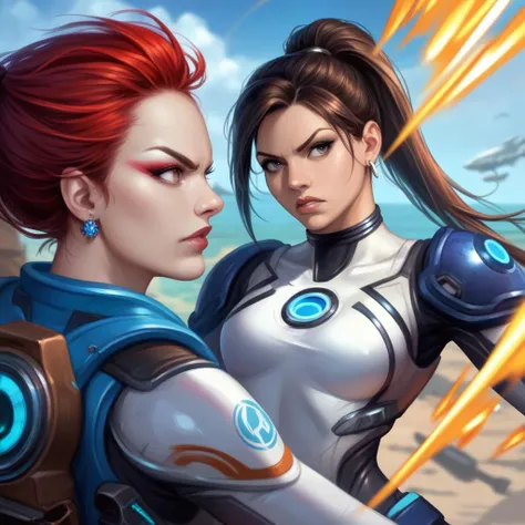 score_9, score_8_up, an angry nova, starcraft, makeup, slim, white high-tech bodysuit, earrings, red ponytail hair,  flat chest, malicious, ((gunfight on the battlefield with marine squad)), in focus, photorealistic, masterpiece