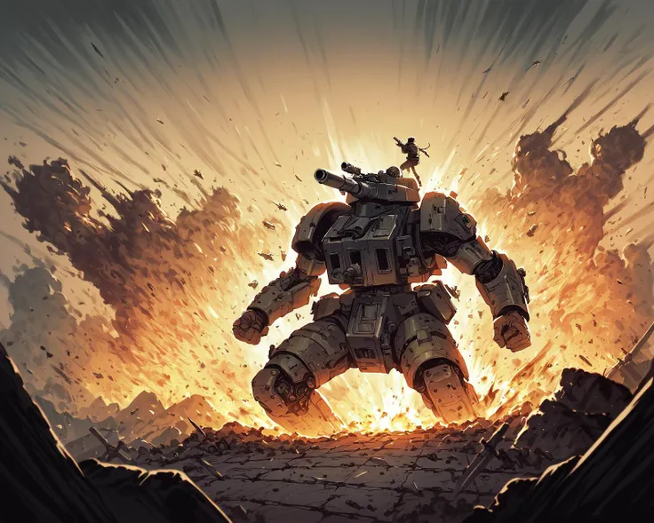 score_9, score_8_up, score_7_up, score_6_up, source_anime, masterpiece, detailed, refined, detailed background, dawn, battlefield, barren lands, explosion, (tank), (lmnrsstnk), dynamic angle