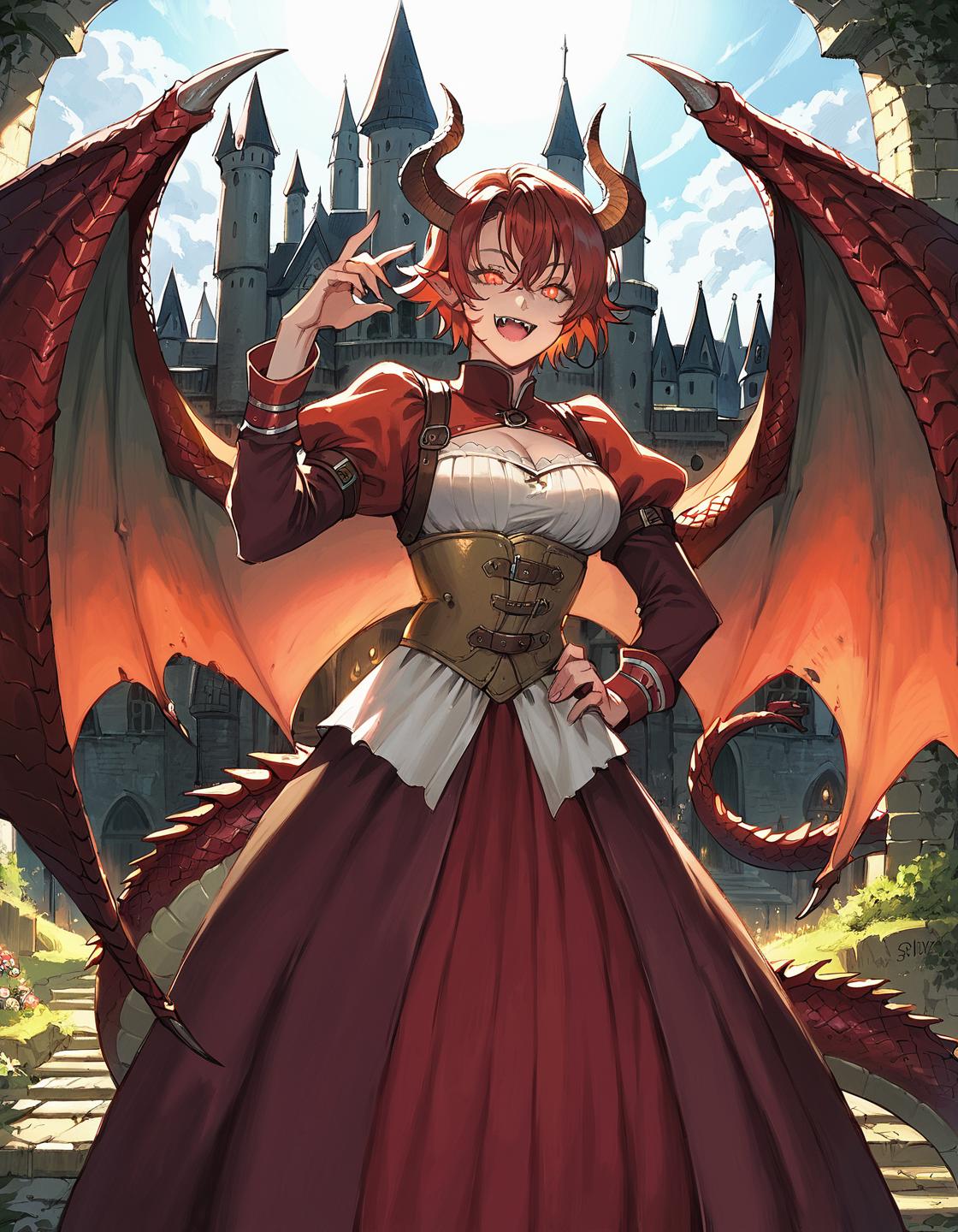 A woman in a red dress with a dragon on her shoulder - SeaArt AI