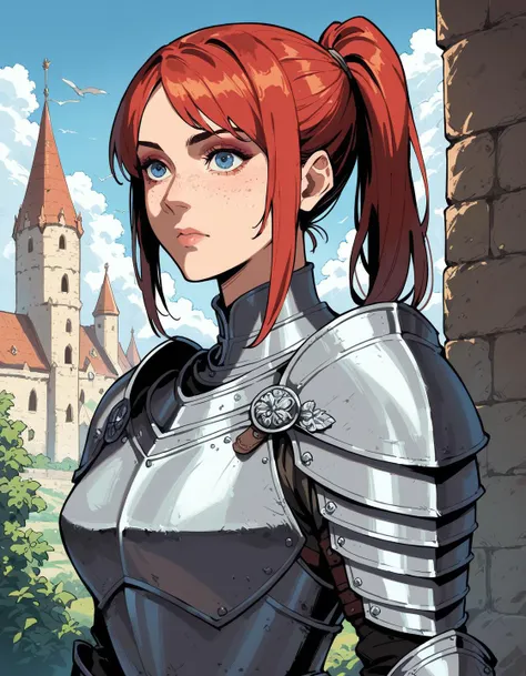 score_9, score_8_up, score_7_up, score_6_up, source_anime, masterpiece, detailed, refined, 1girl, freckles, eyeshadow, medieval fantasy, ,detailed background, (medieval castle), blue eyes, red hair, ponytail, dynamic angle, knight armor, takekawamasumi style, (upper-body shot)