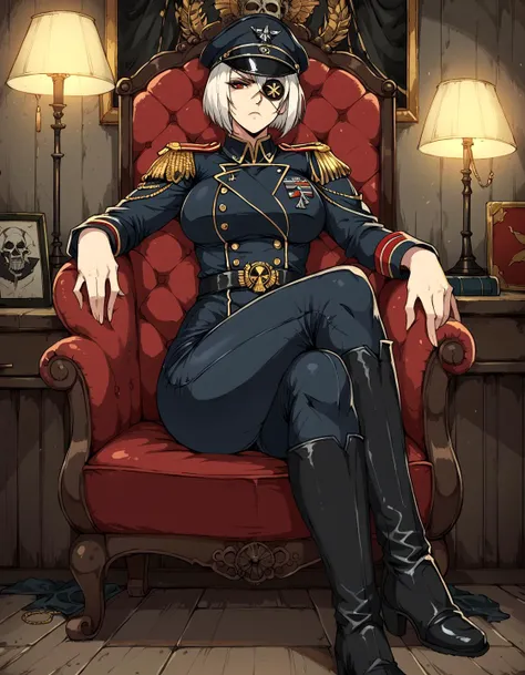 score_9, score_8_up, score_7_up, score_6_up, source_anime, masterpiece, detailed, refined, 1girl, (mature female), warhammer 40000, detailed background, bunker, lamp, table, crates, black military uniform, black militarty cap, (epaulettes), (pants), knee boots, serious expression, white hair, bob cut, red eyes, eyepatch, sittinbg on chair, legs crossed