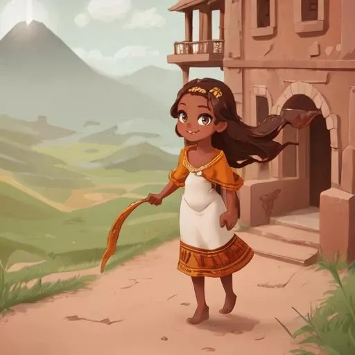 female, age 25, african american, bronze skin,  honey eyes, long wavy hair, wild hair, high cheek bones, round face, cute, highly detailed, sharp focus, stunningly beautiful, looking at camera, smile, sultry look, makeup, full body, barefoot, mountains in background <lora:the_journey_game_style_v1-000029:1> the_journey_game_style