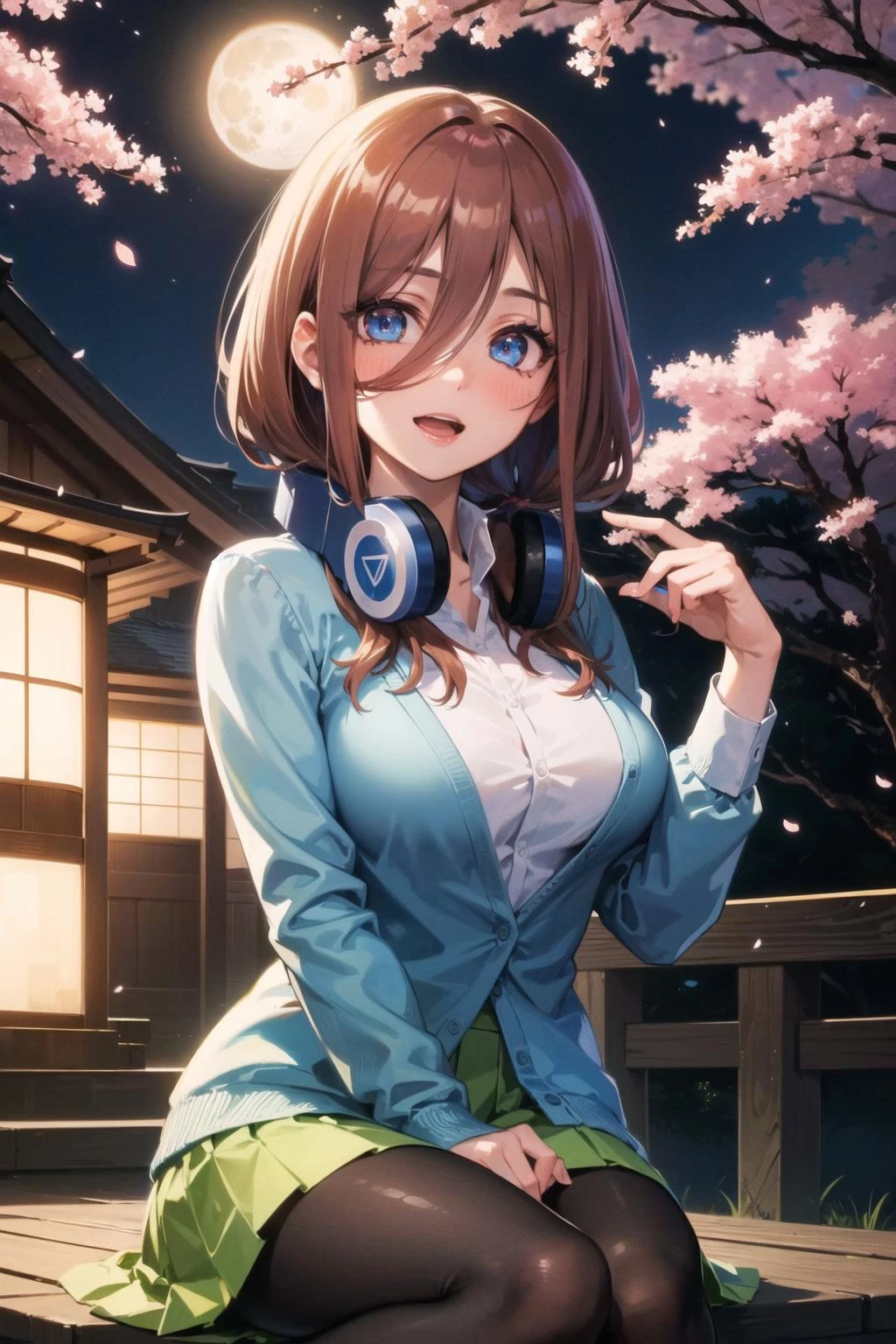 masterpiece, best quality, ultra-detailed, glistening shiny, glowing light, ray tracing, HDR, deph of field, (perfect face, detailed face, detailed eyes,perfect hands),(medium boobs:1.2),8k,HD,ultra realistic face,ray tracing,perfect lighting,best quality, ultra-detailed, shiny eyes, (looking at viewer,open mouth smile:1.1), ((1girl)), (mature female:1.4),cowboy shot,thighs,
miku,long hair,((gradient hair)),multicolored eyes, gradient eyes, (glowing eyes:1.5), mascara, (fashion make up), parted lips,blush,skirt,shirt,long sleeves,white shirt, pantyhose,pleated skirt, collared shirt, black pantyhose, petals, headphones, cardigan, green skirt, between legs, hand between legs, headphones around neck, blue cardigan, hand on headphones,
(( futuristic city , buildings, Japanese graffiti walls:1.1, neons, night,cherry trees, flying cherry blossom petals,moon,japanese architecture, japanese lamps)),(complex background, many elements in the background:1.2),((super detailed background)), mistress poses, ((8k wallpaper)), <lora:miku:1>