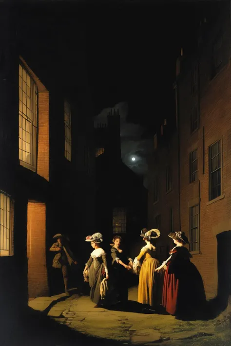 Joseph Wright Of Derby Style - create a realisitc picture from 2 joung woman in the year 1817 in birmingham that are walking together to home in the night from a dance