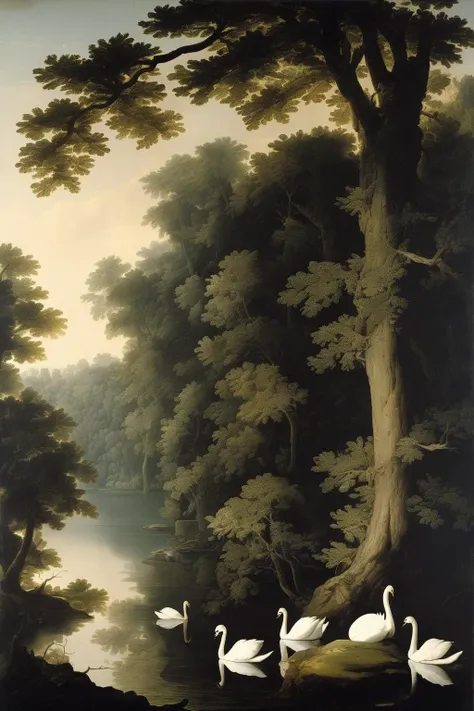 Joseph Wright Of Derby Style - Hyper detailed serene early morning landscape with the wall of giant, dense trees over the lake. A flock of white swans on that lake looks small compared to huge crones of trees. Early morning. Antique Renaisance print on paper, 17th century, highly detailed, concept art, grotesque. Claude Lorrain. Epic, majestic, decadent, lavish, rich, sumptuous, nostalgic, 8K UHD 5000